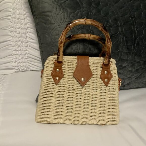 Neiman Marcus Straw Handbag with Bamboo Handle & Brown Leather Trim - Picture 2 of 4